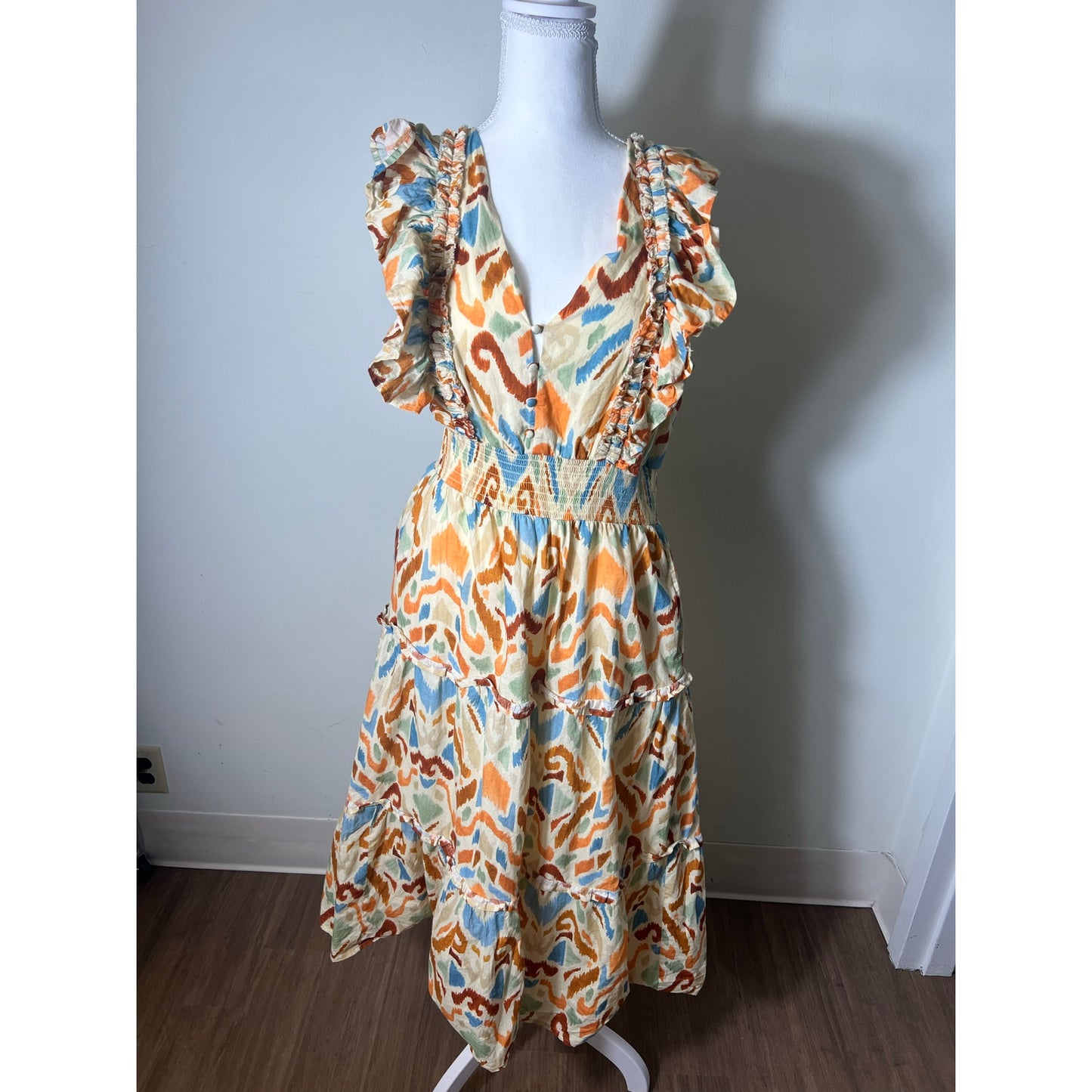Allison New York Ikat Multi Color Flutter Sleeve V Neck Sun Dress Sz M