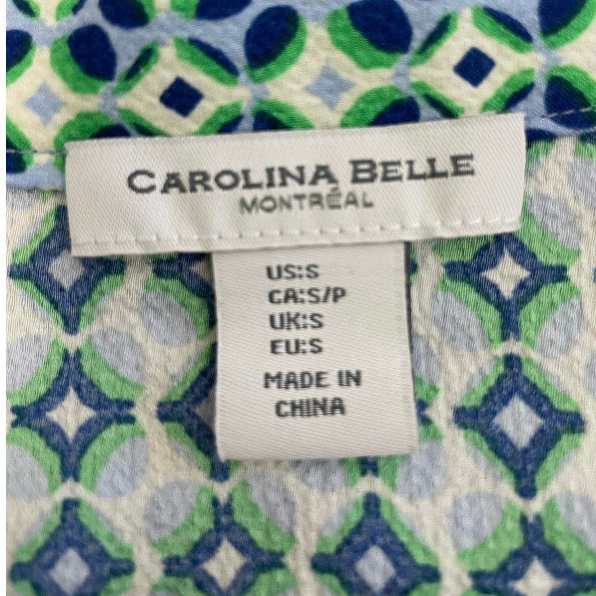 Carolina Belle Montreal Green and Blue Printed Button Down Blouse Sz S