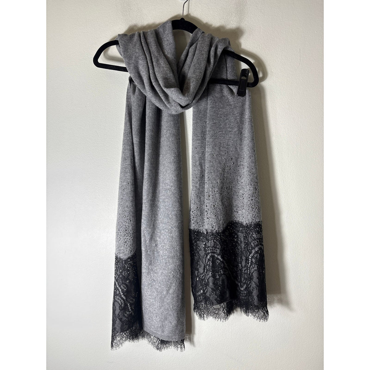 Gorgeous Gray Cashmere Beaded and Lace Scarf