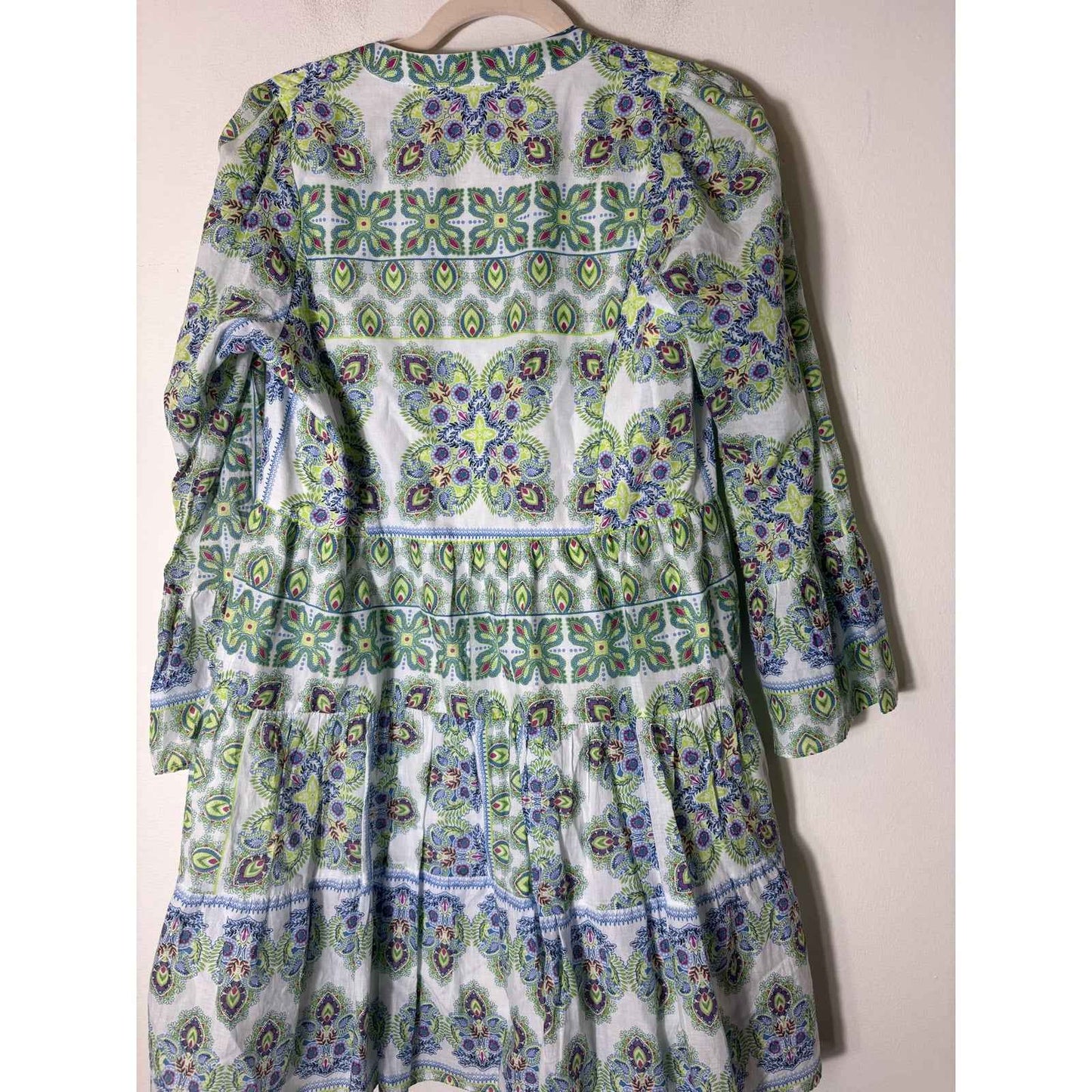 Hale Bob Green Print Long Sleeve V-Neck Cotton Mini Dress Sz XS