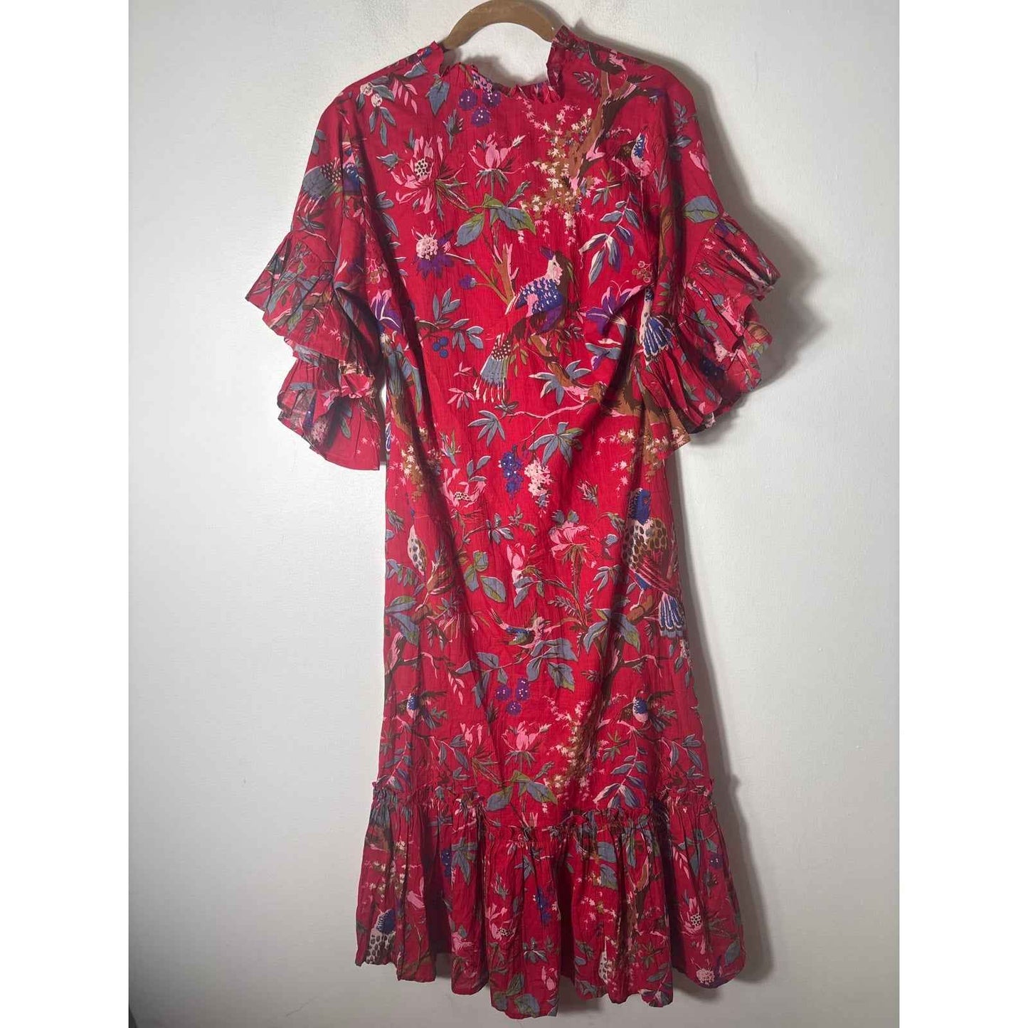 Fitzroy&Willa Red Floral Wide Half Sleeves Cotton Maxi Dress Sz S
