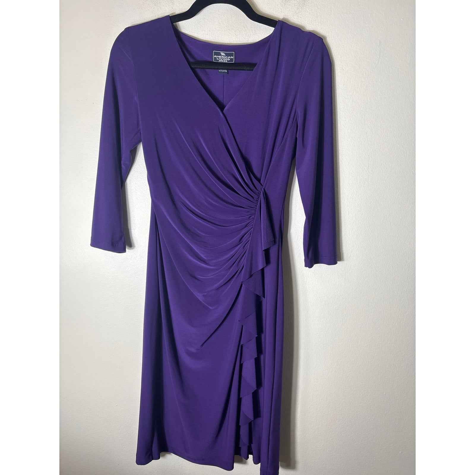 American Living Dress Dark Purple Ruched Long Sleeve Midi Dress Sz 4