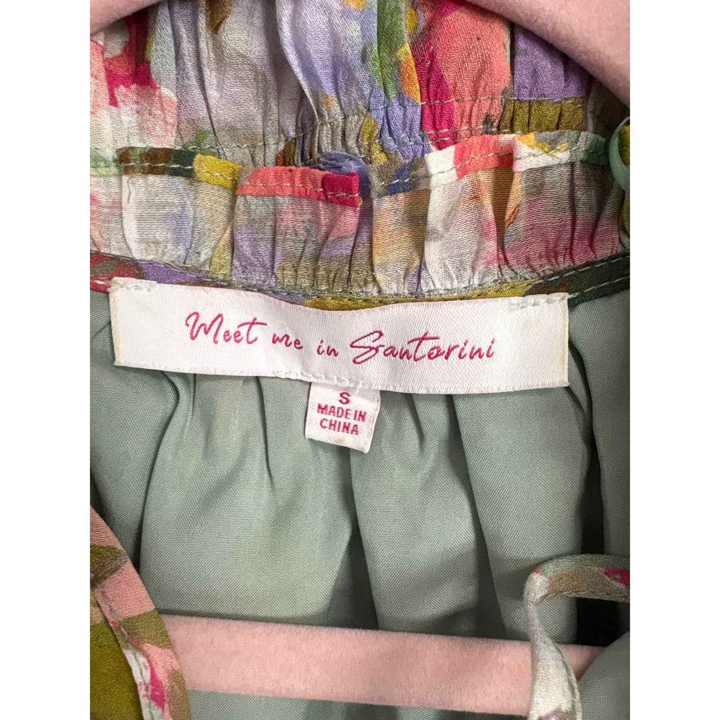 Meet Me In Santorina Pastel Floral Short Puff Sleeve Faux Wrap Mini Dress Sz S