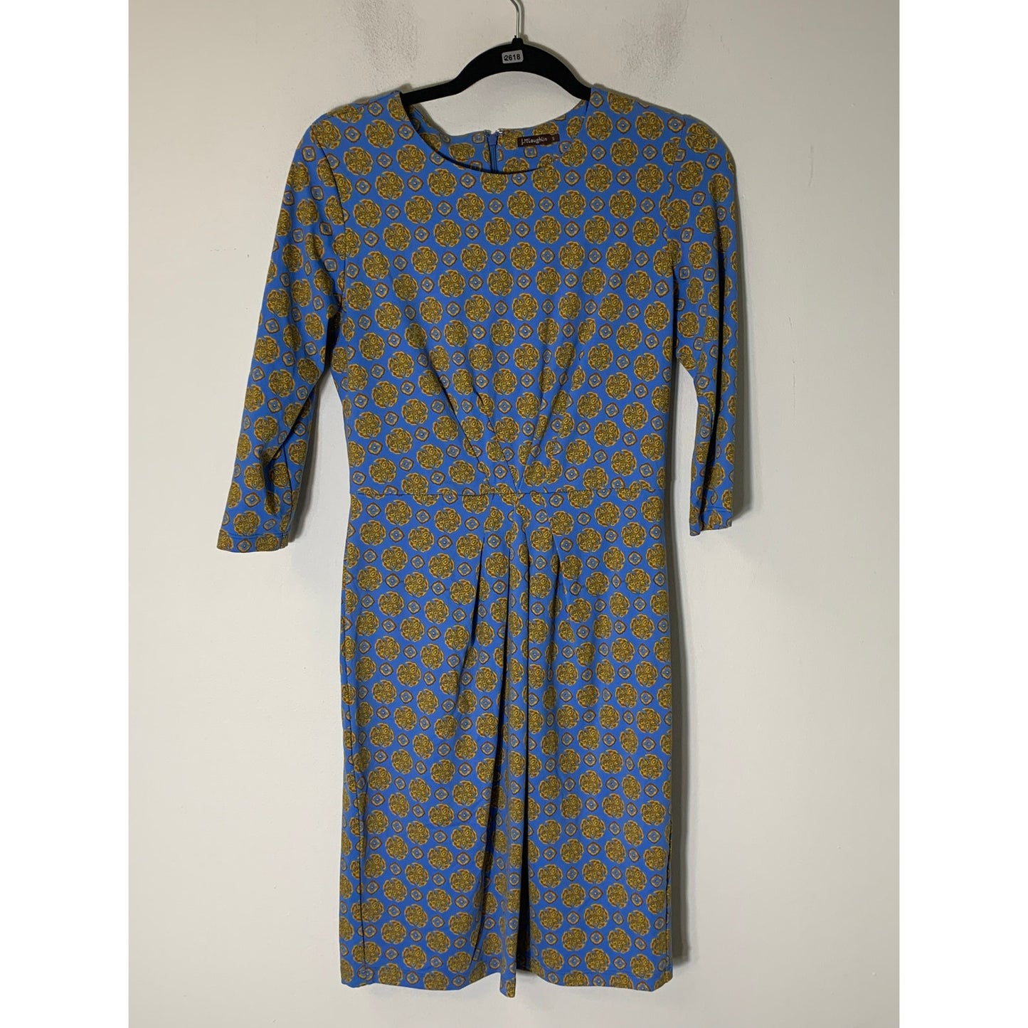 J. McLaughlin Blue and Yellow Half Sleeve Fitted Midi Dresss Sz S