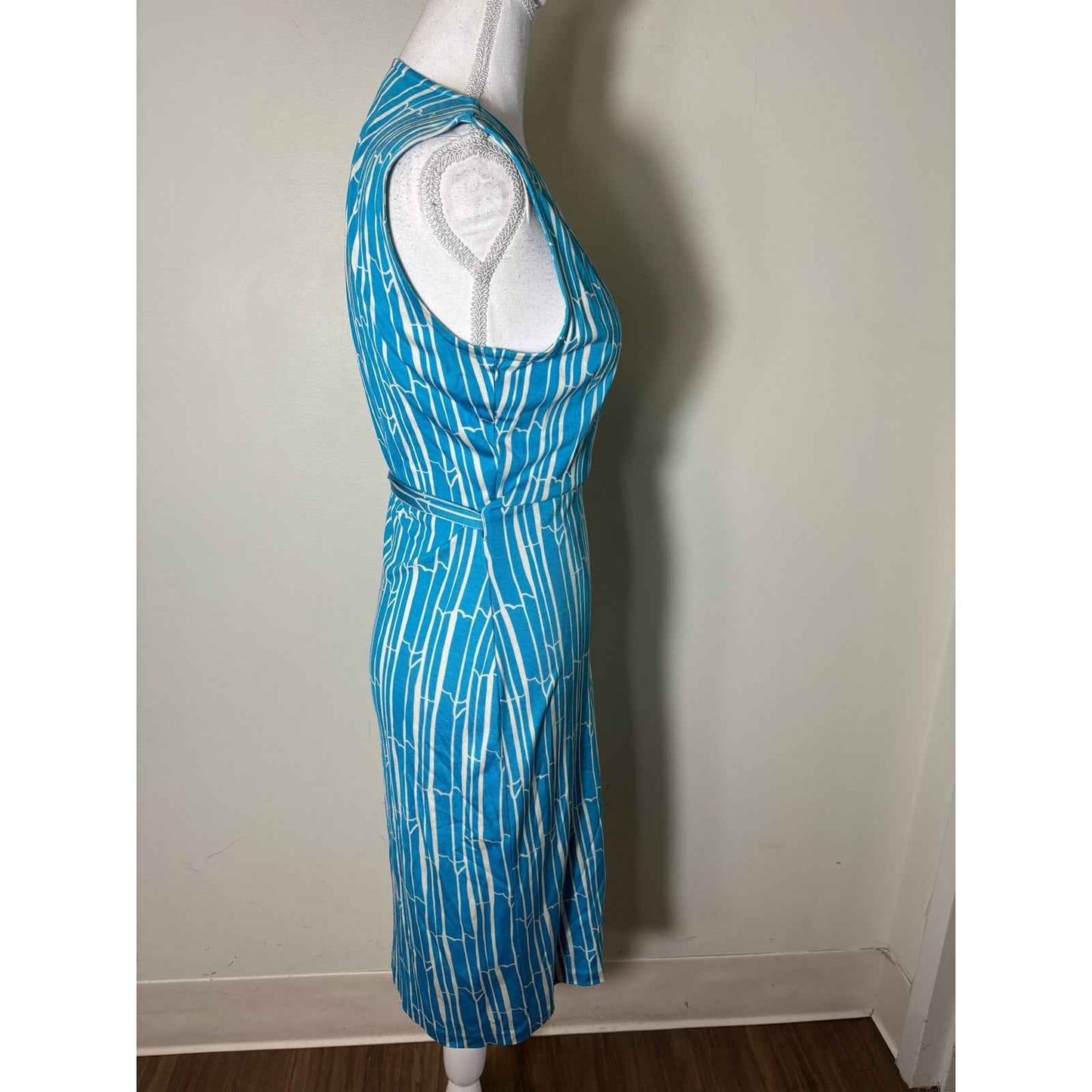 Diane VonFurstenburg Teal/White Bamboo Wrap Sleeveless Dress Sz 8