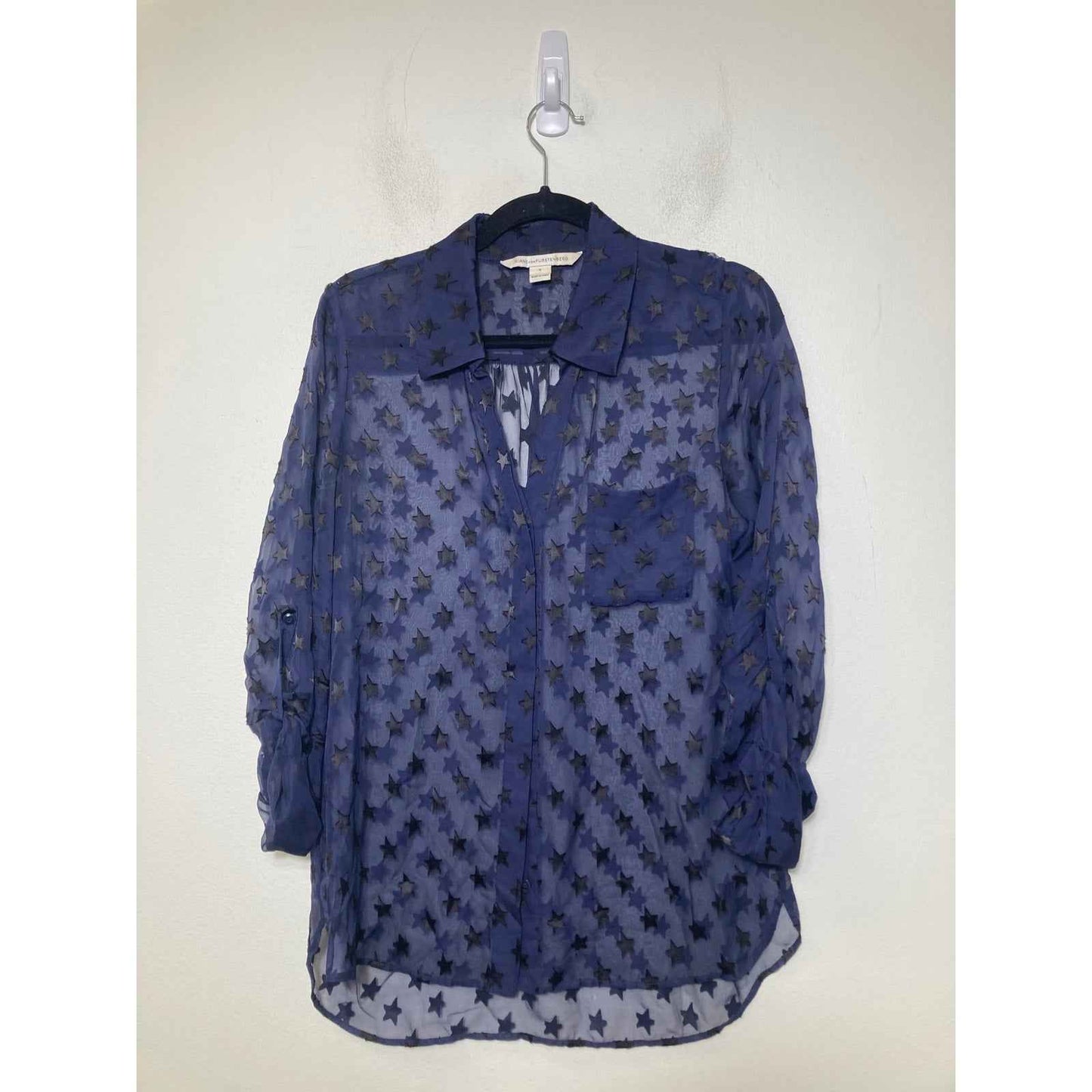 Diane Von Furstenberg Sheer Navy Long Sleeve Button Up Shirt Sz 6