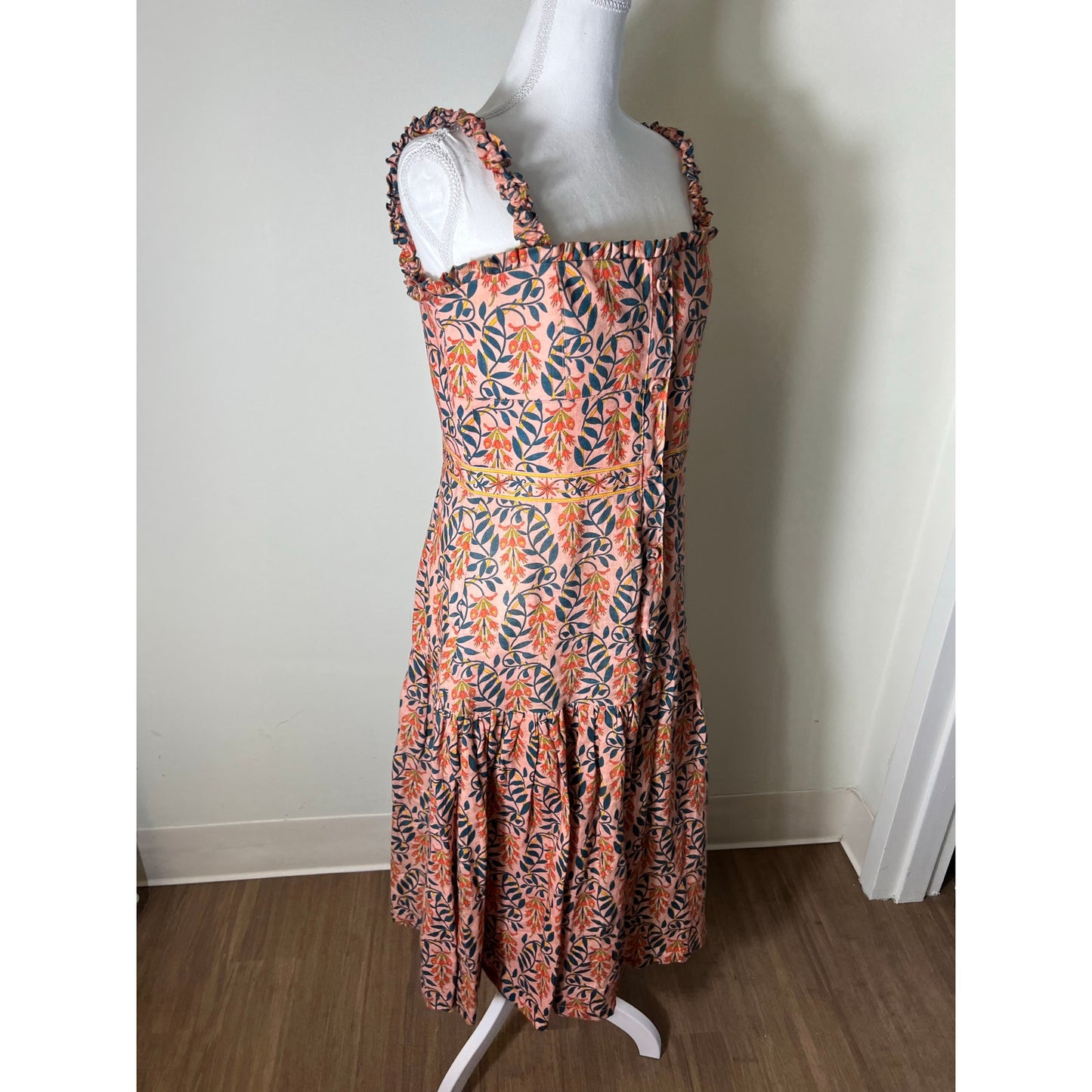 Agua Bendita Blush Floral Spaghetti Strap Button Up Linen Maxi Dress Sz L