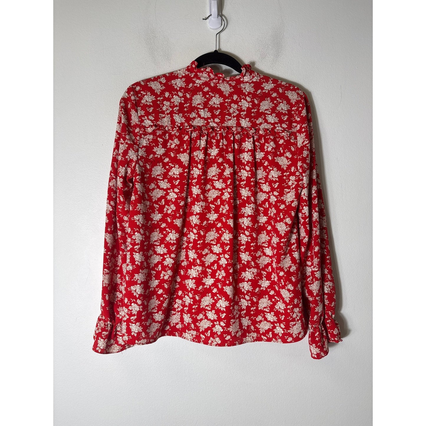 Zara Orange/Red With Cream Rose Long Sleeve Blouse Sz M