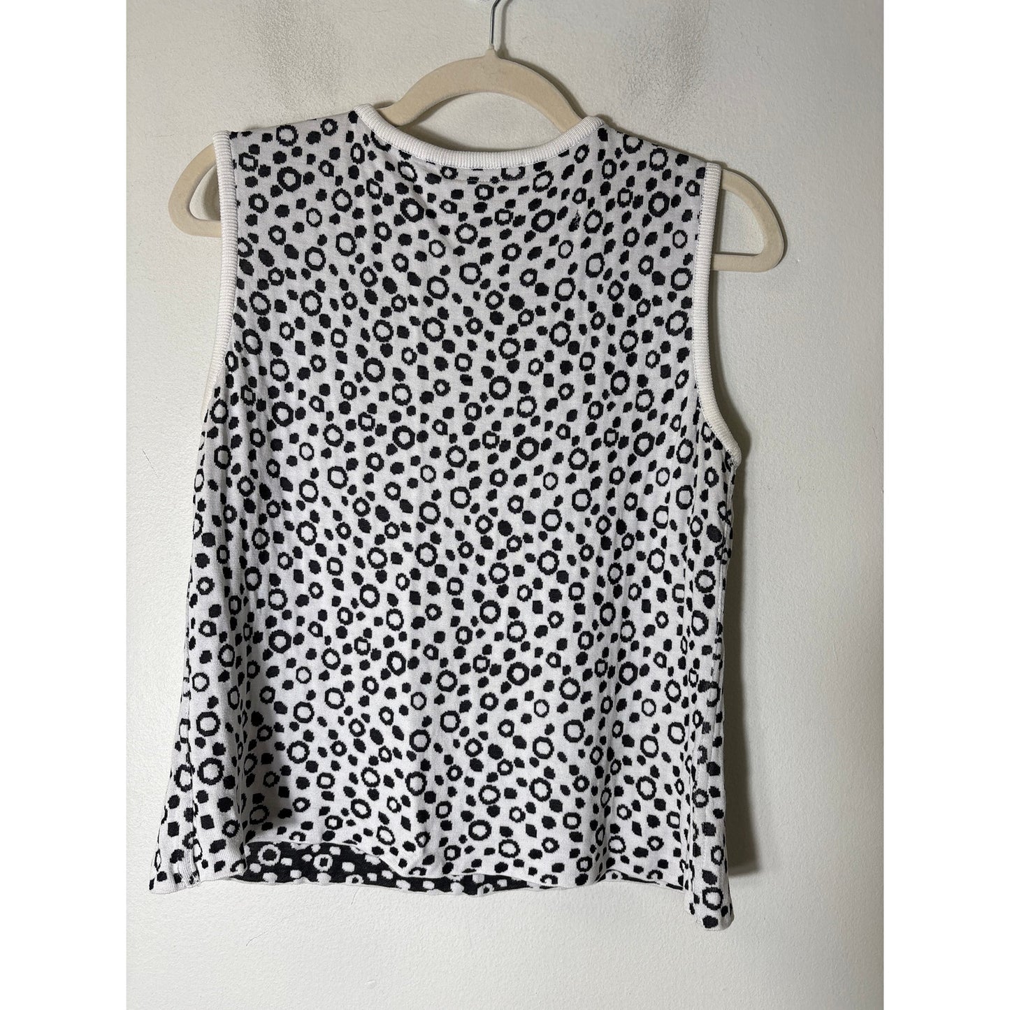 St. John White Black Dot Sleevless Knit Sweater Sz L