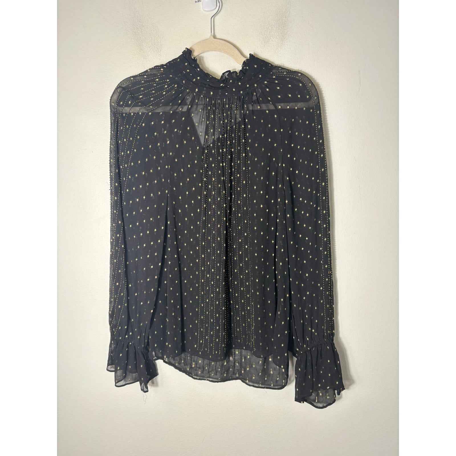 Zara Black and Gold Beaded Sheer Long Sleeve Shirt Sz S