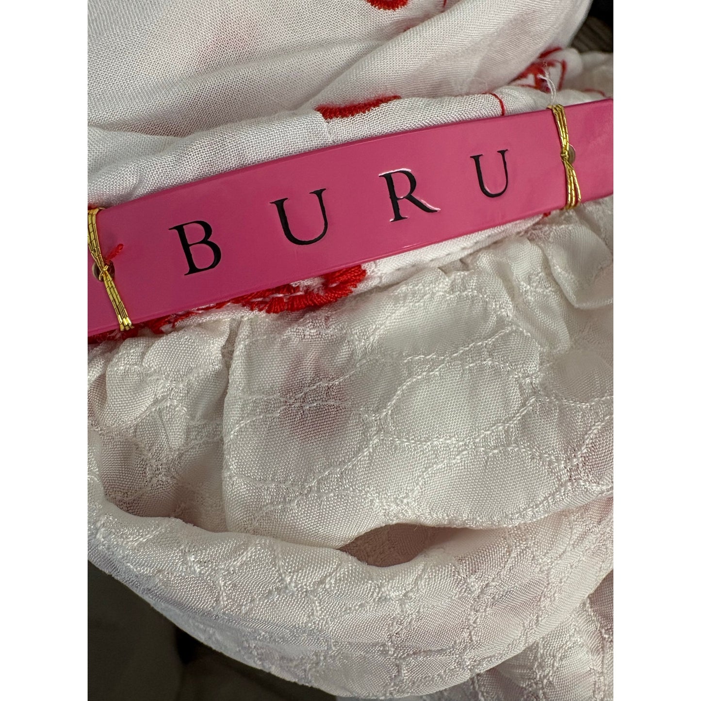 Buru White Cotton Eyelet Mock Neck Short Sleeve Floral Print Sz S