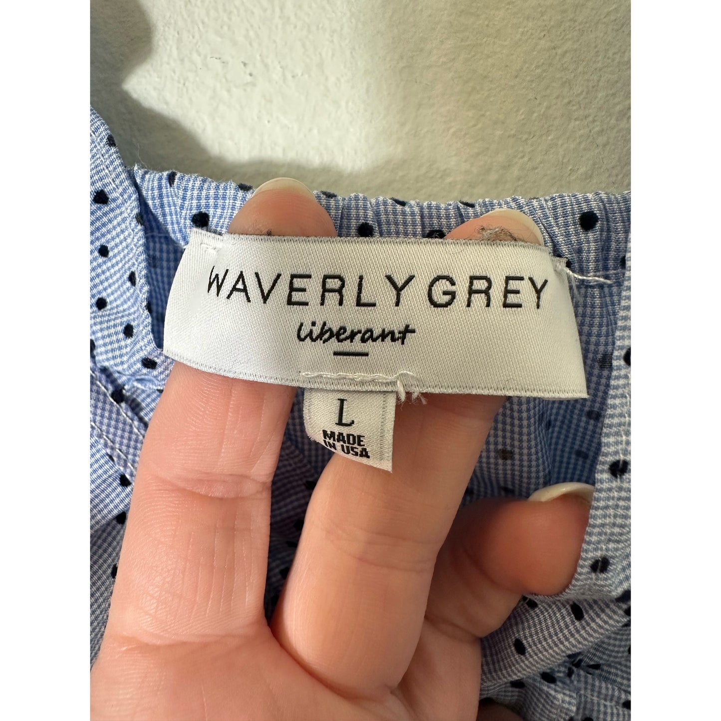 Waverly Gray Liberant Sleeveless Blue With Black Polka Dots Blouse Sz L