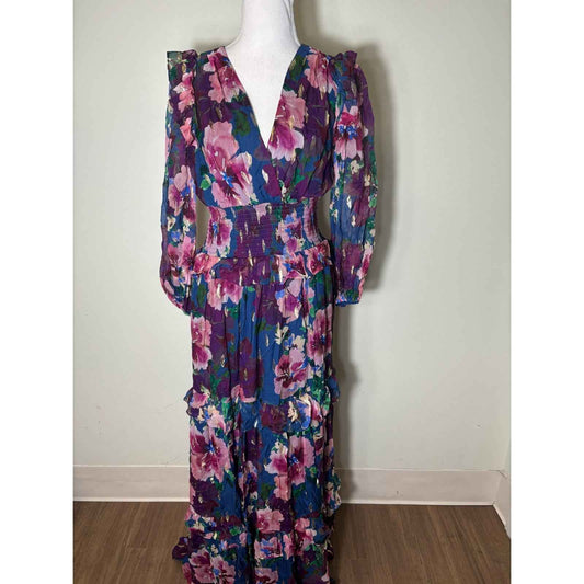 Shoshanna Midnight Multicolor Floral 3/4 Sleeve Maxi Dress Sz 10