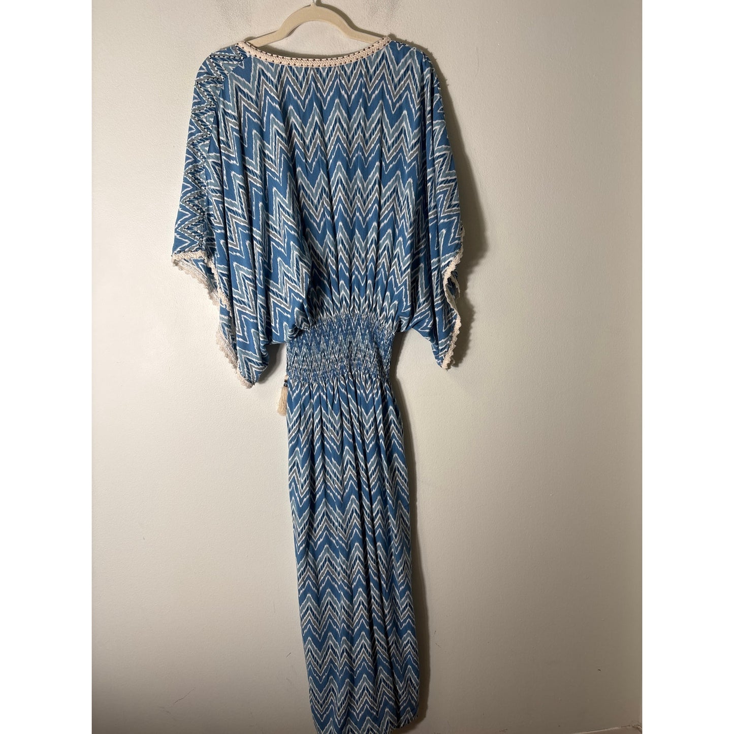 Skemo Blue Ikat Print Beaded Maxi Dress Sz M