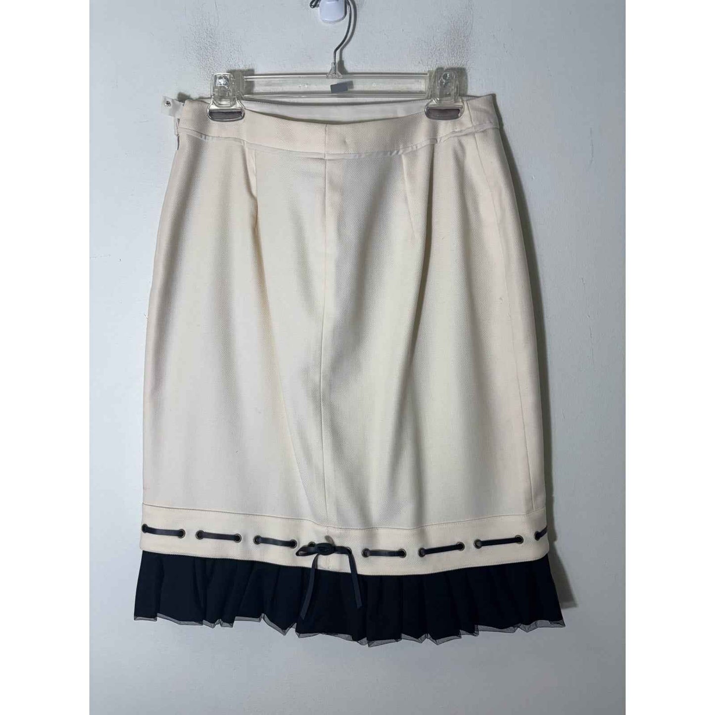 ECCOCI Cream Wool Blend Skirt with Black Removeable Pleated Hem Sz 12