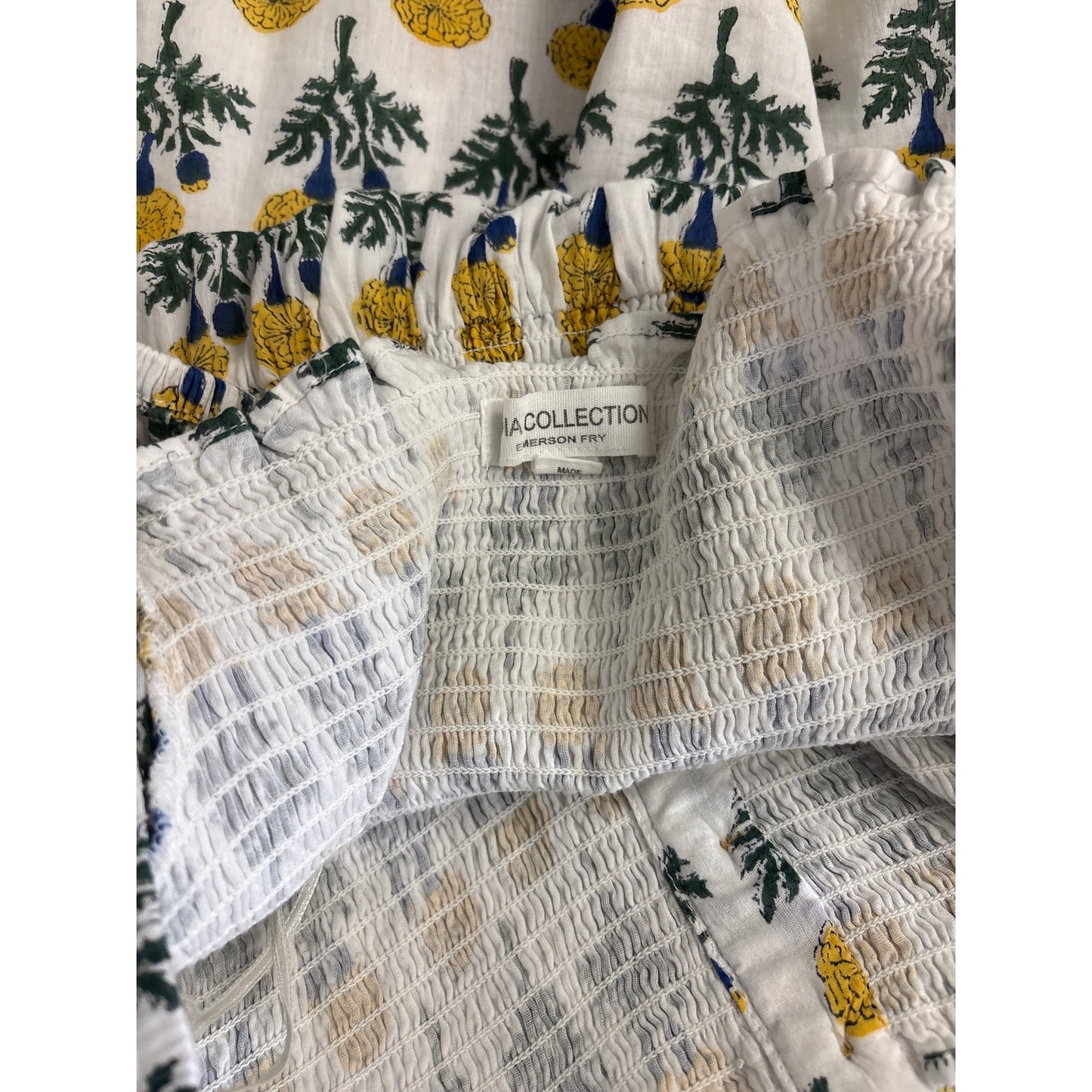 India Collection Yellow and Blue on White Floral Block Print Midi Dress Sz M/L