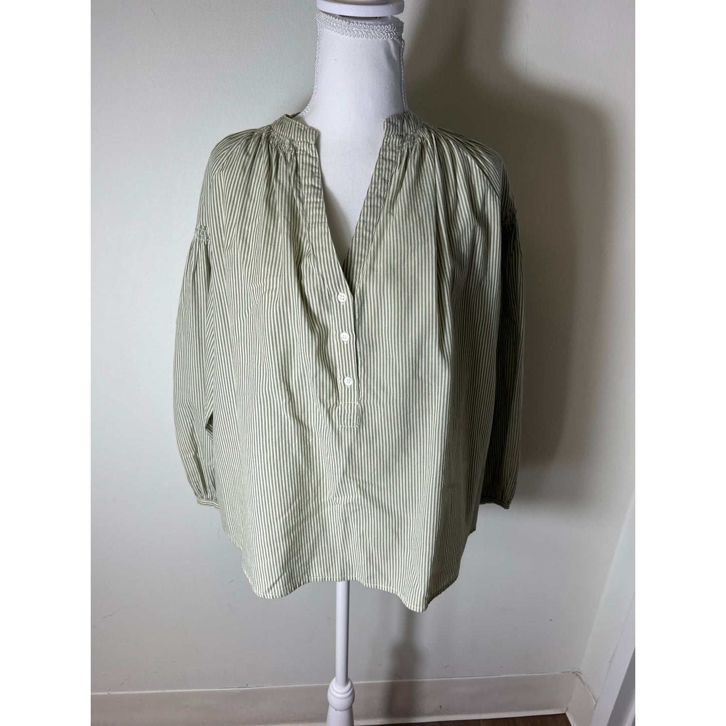 Vanessa Bruno Green White Stripe Long Bubble Sleeve Cotton Shirt Sz S