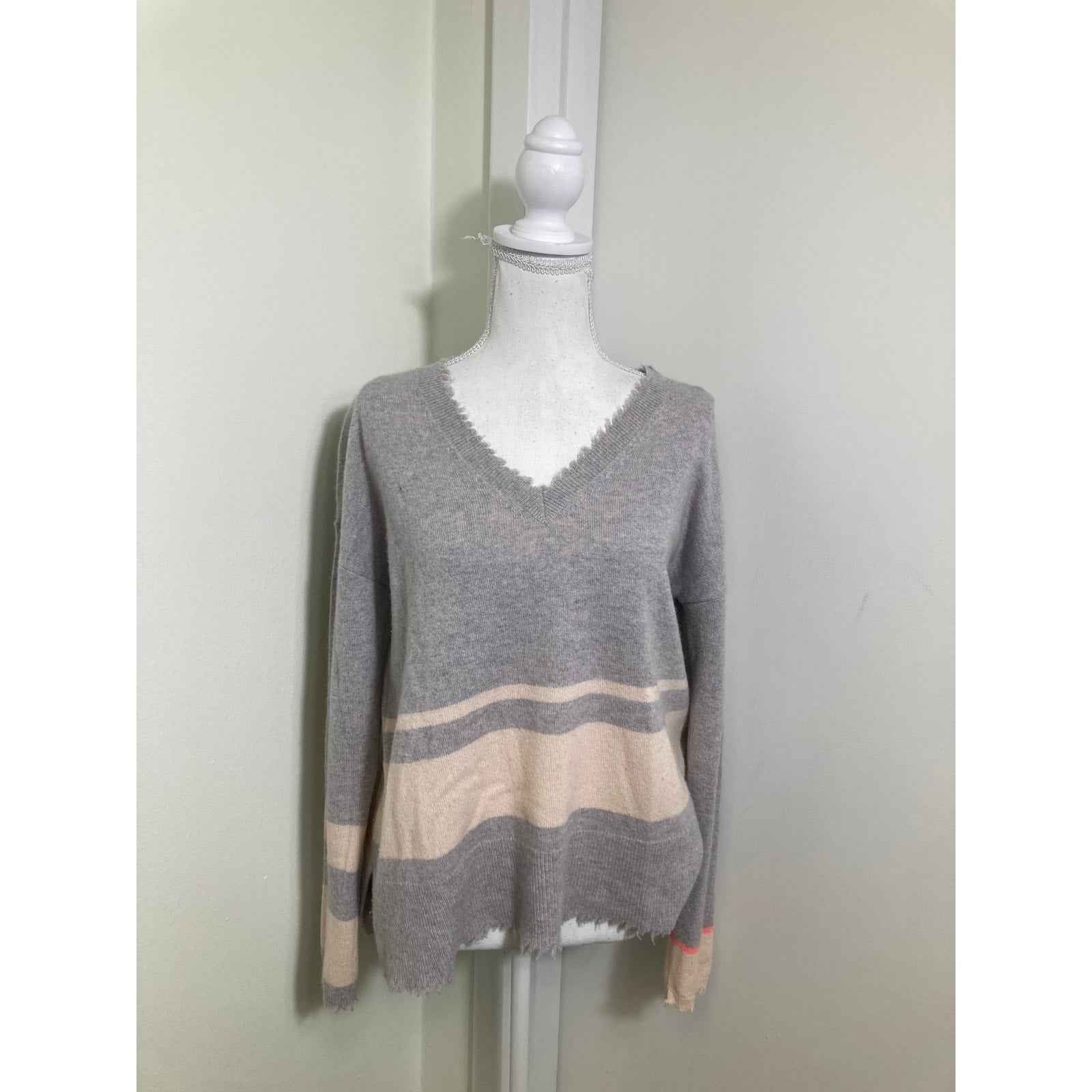 Lisa Todd Gray/Cream Stripe Cashmere Pullover Sweater Sz M