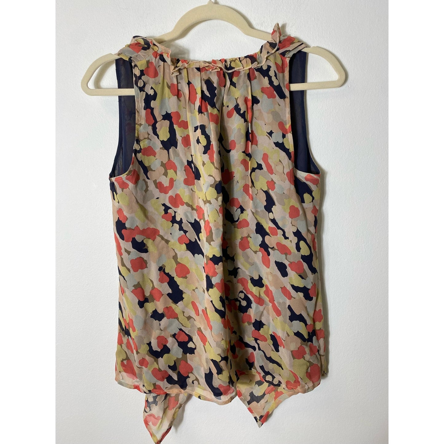 Jenny Han Muted Tan Green Sleeveless Ruffle Front Silk Blouse Sz S