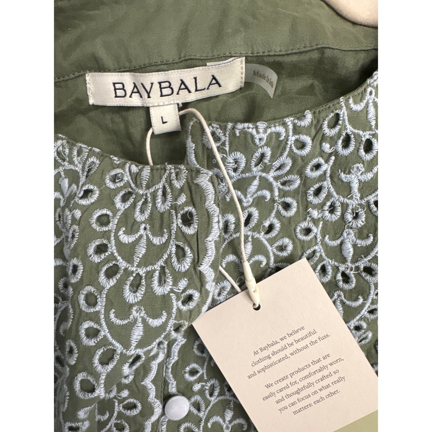 NWT Baybala Sage Green and White Eyelet Peasant Top Sz L