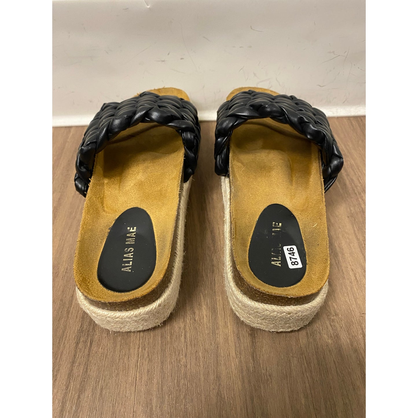 Alias Mae Black Braided Leather Stacked Slides Sz 8.5
