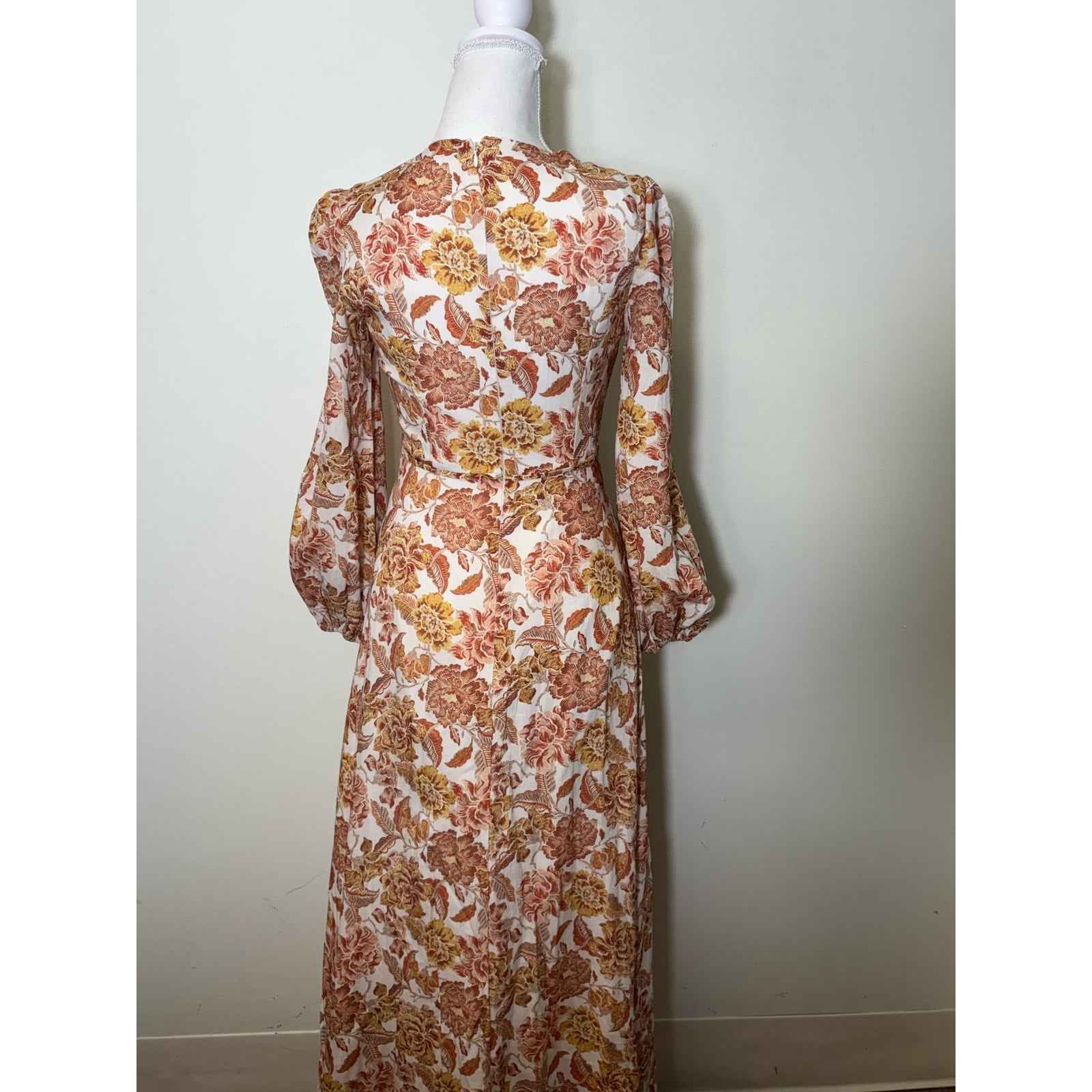 Hyacinth House Dark Orange White Floral Print Long Sleeve Maxi Dress Sz XXS