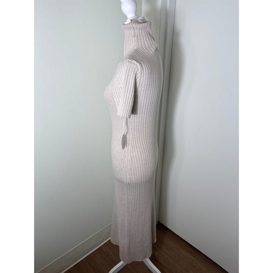 NWT Staud Beige Short Sleeve Mock Neck Ribbed Sweater "lilou" Dress Sz M