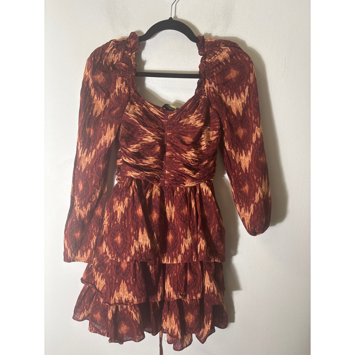 House of Harlow Burgandy Ikat Copper Thread Ruffled Dress Sz XS