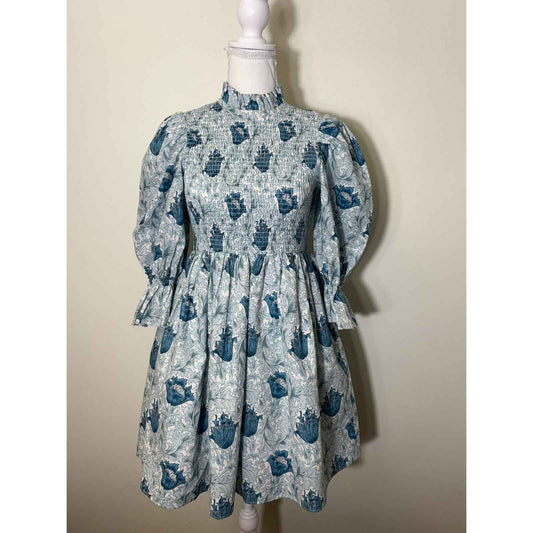 Hyacinth House Light Blue White Print 3/4 Sleeve High Collar Smocked Dress S XXS