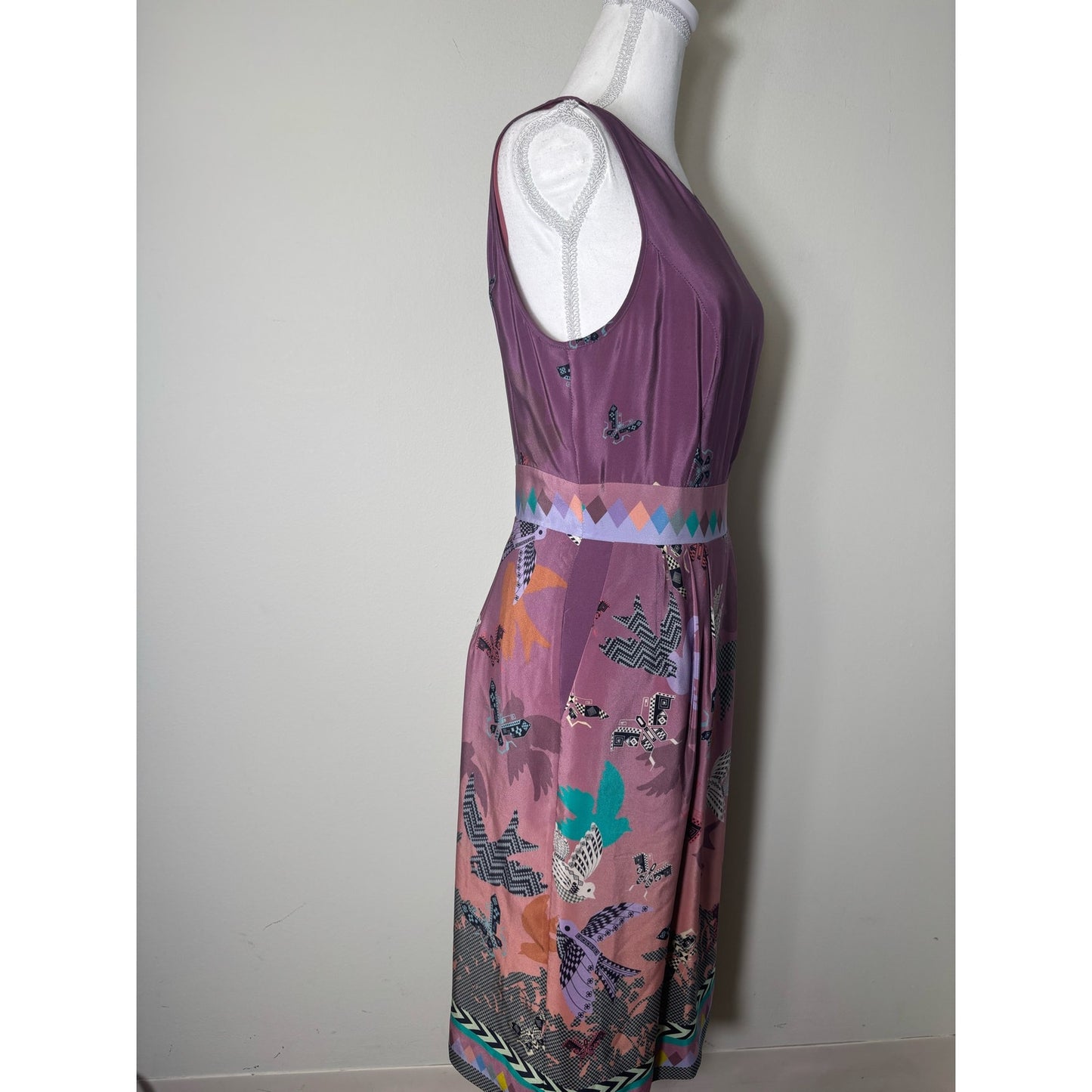 Anthropologie HeyHoe Purple Pink Bird Print Sleeveless Silk Sheath Dress Sz 4