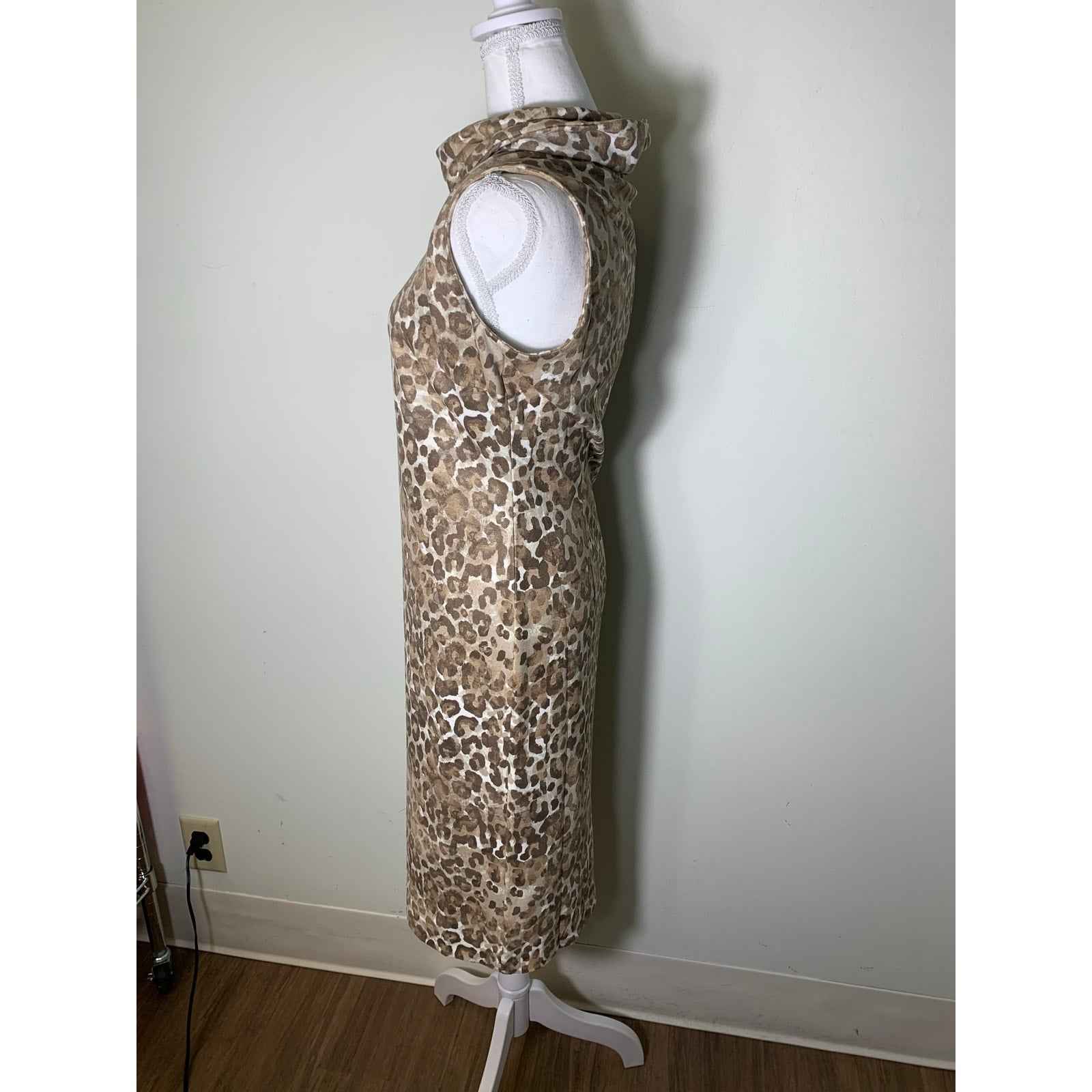J. McLaughlin Brown Cheetah Print Sleeveless Cowl Neck Midi Sheath Dress Sz XS