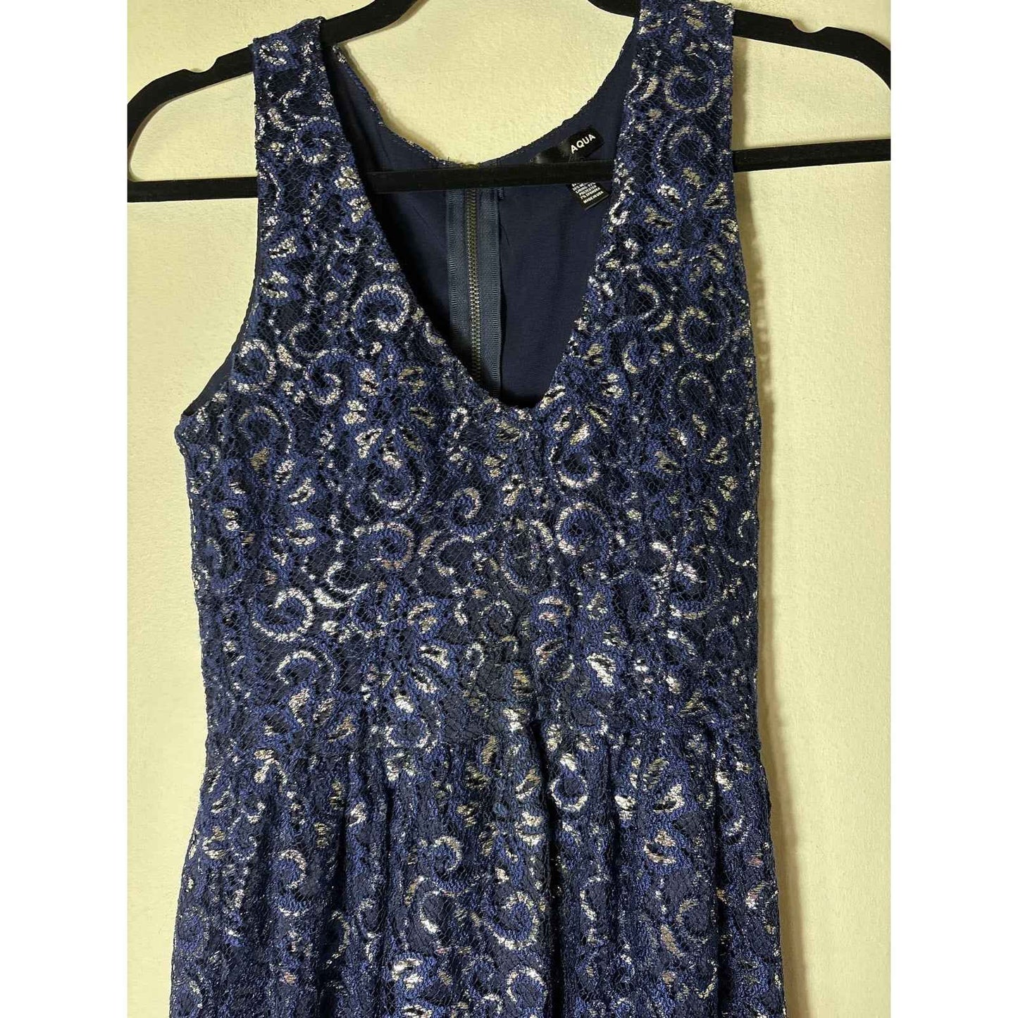 Aqua Navy and Silver Lace V Neck Cocktail Dress Sz XS