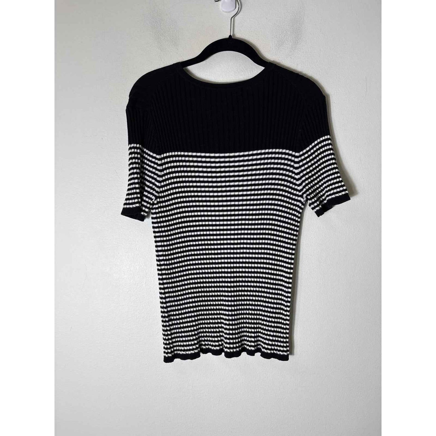 Trina Turk Black White Stripe Short Sleeve Knit Sweater Sz S