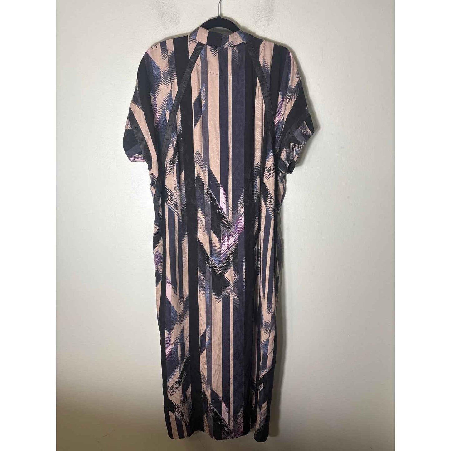 Nu Denmark Blue Tan Short Sleeve Snap Up Maxi Dress Sz L