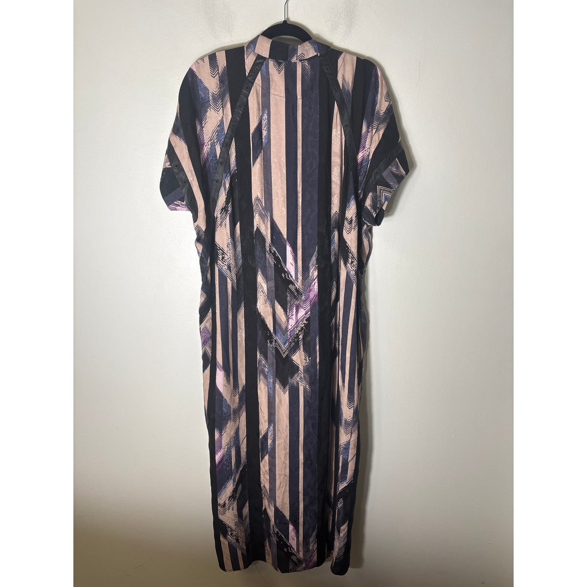 Nu Denmark Blue Tan Short Sleeve Snap Up Maxi Dress Sz L