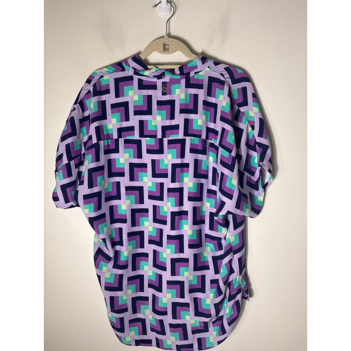 Marie Oliver Purple Geo Print Short Sleeve V Neck Tunic Sz M