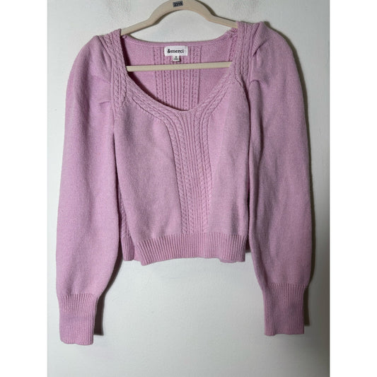 &Merci Pink Long Puff Sleeve Cropped Sweater Sz S