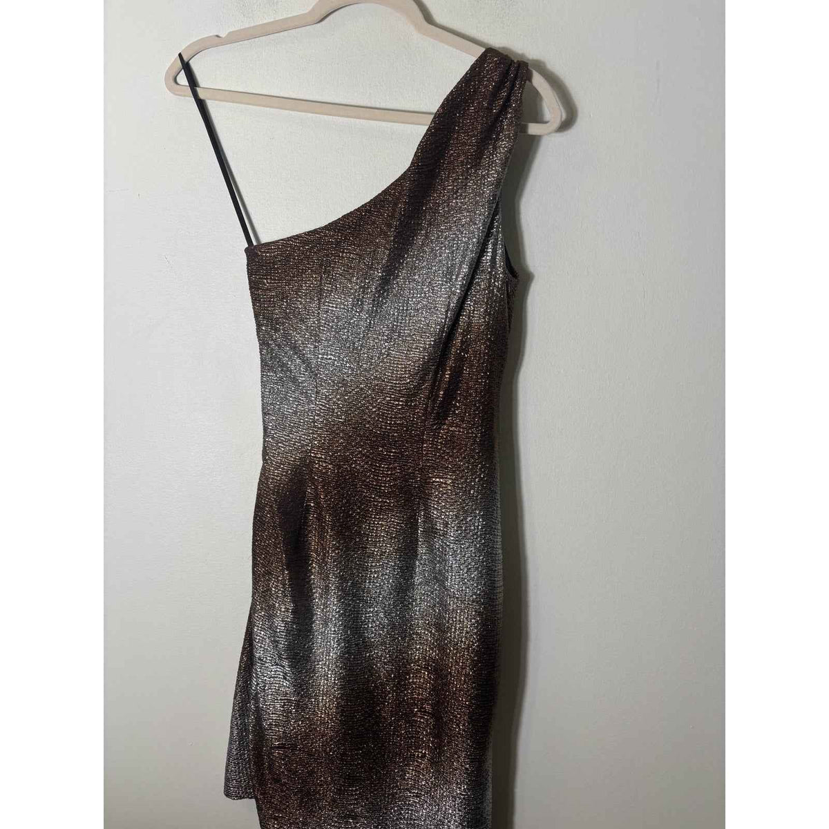 Maggie London Copper Silver Shimmer One Shoulder Ruched Cocktail Dress Sz 2