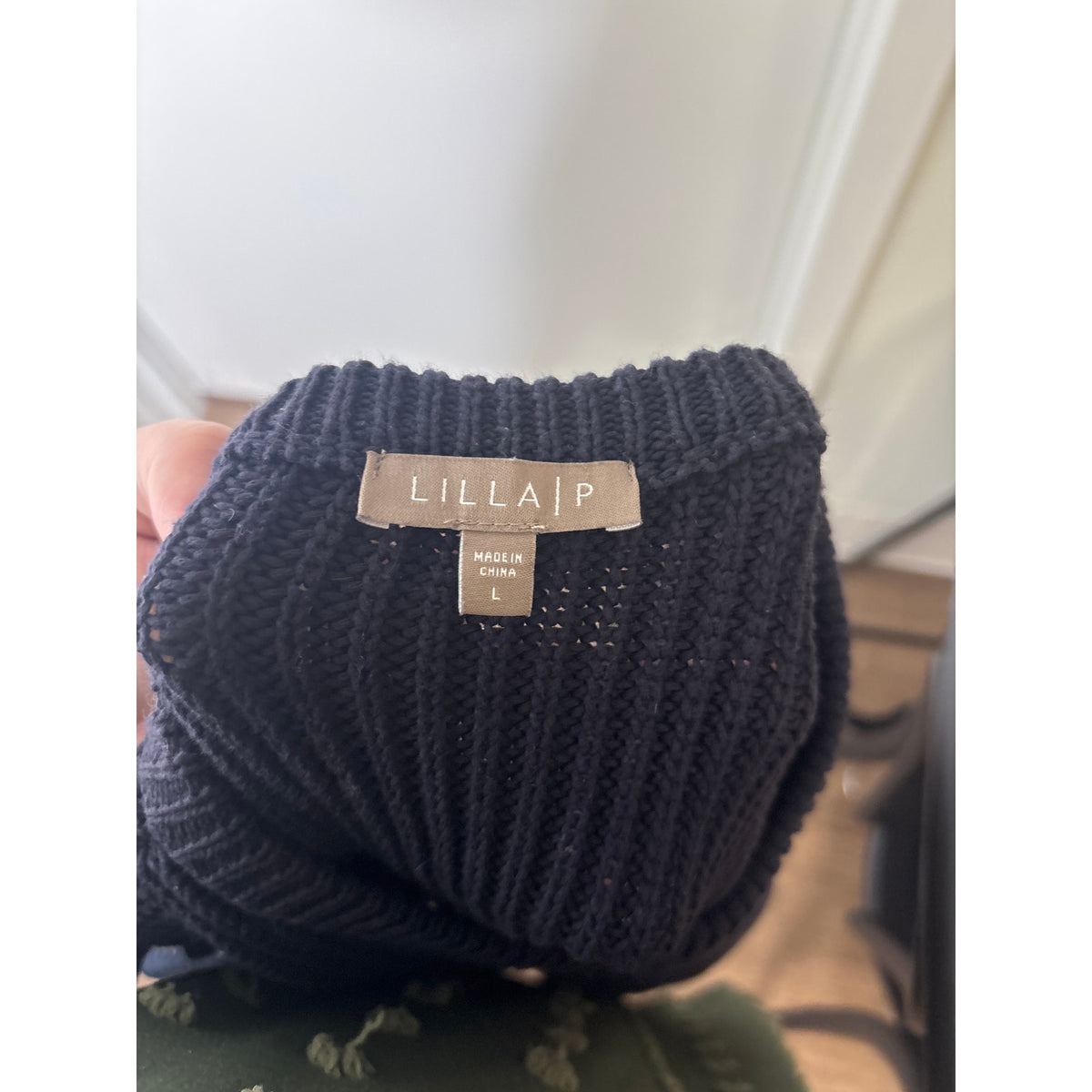 Lilla P Navy Sweater With Eyelet Flutter Sleeve Top Sz L