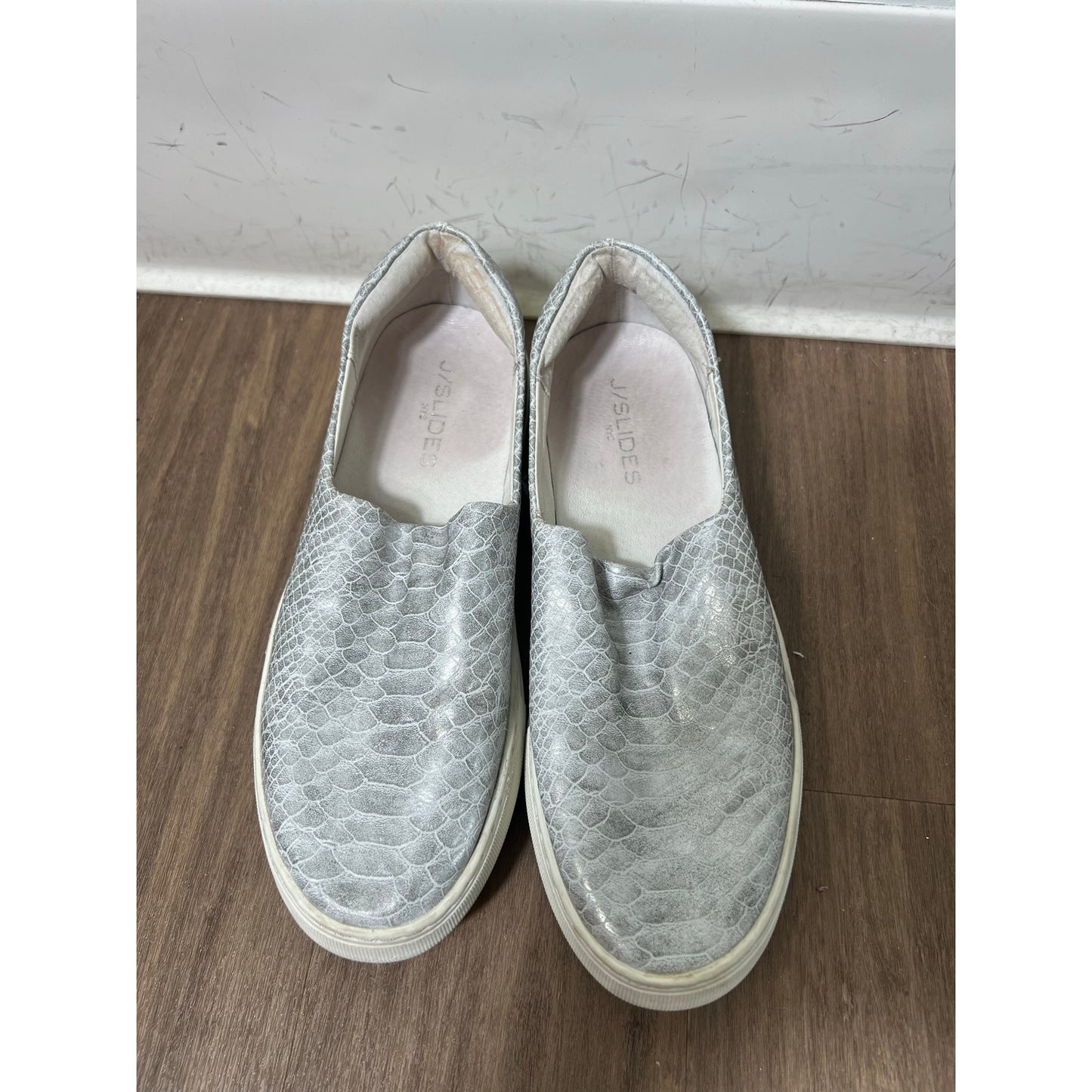 J/Slides Silver Snake Skin Slip On Sneakers Sz 7.5