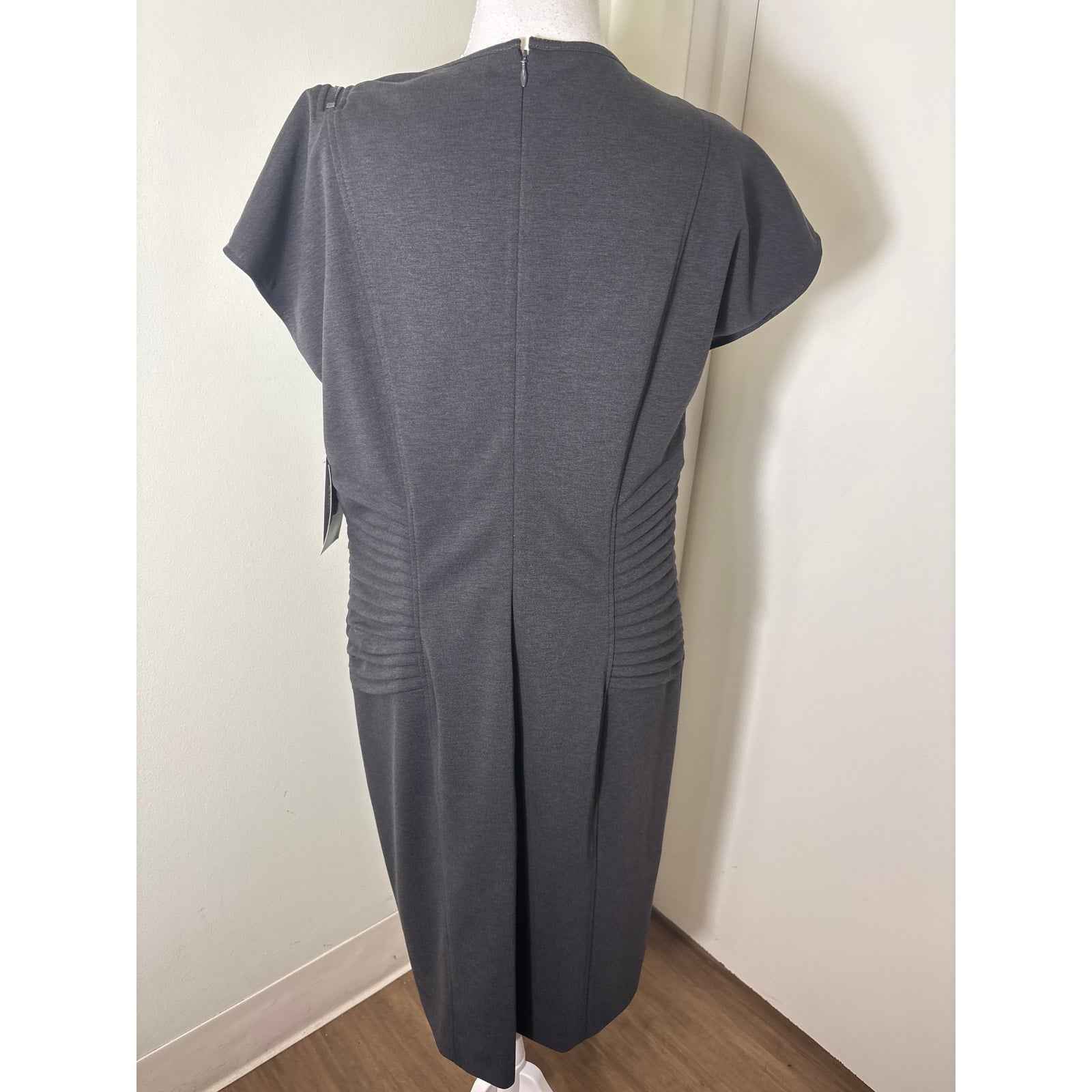 NWT Etcetera Dark Gray Sleeveless Zip Up Pleated Midi Sheath Dress Sz 14