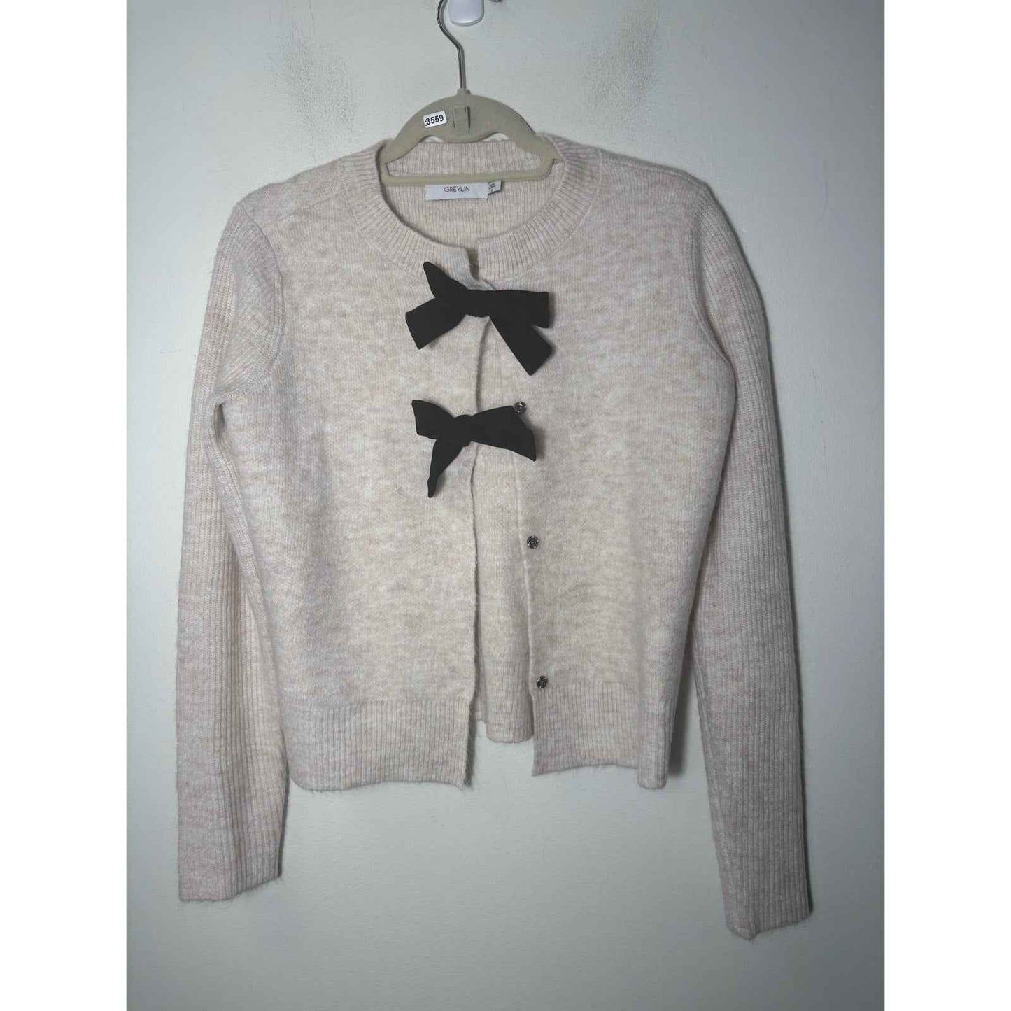 Greylin Tan Cardigan Sweater with Black Bows Sz S