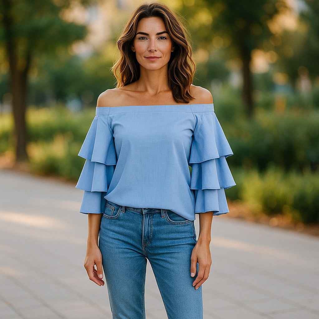 Endless Rose Light Blue Off the Shoulder Ruffled Bell Sleeves Back Zip Sz. S