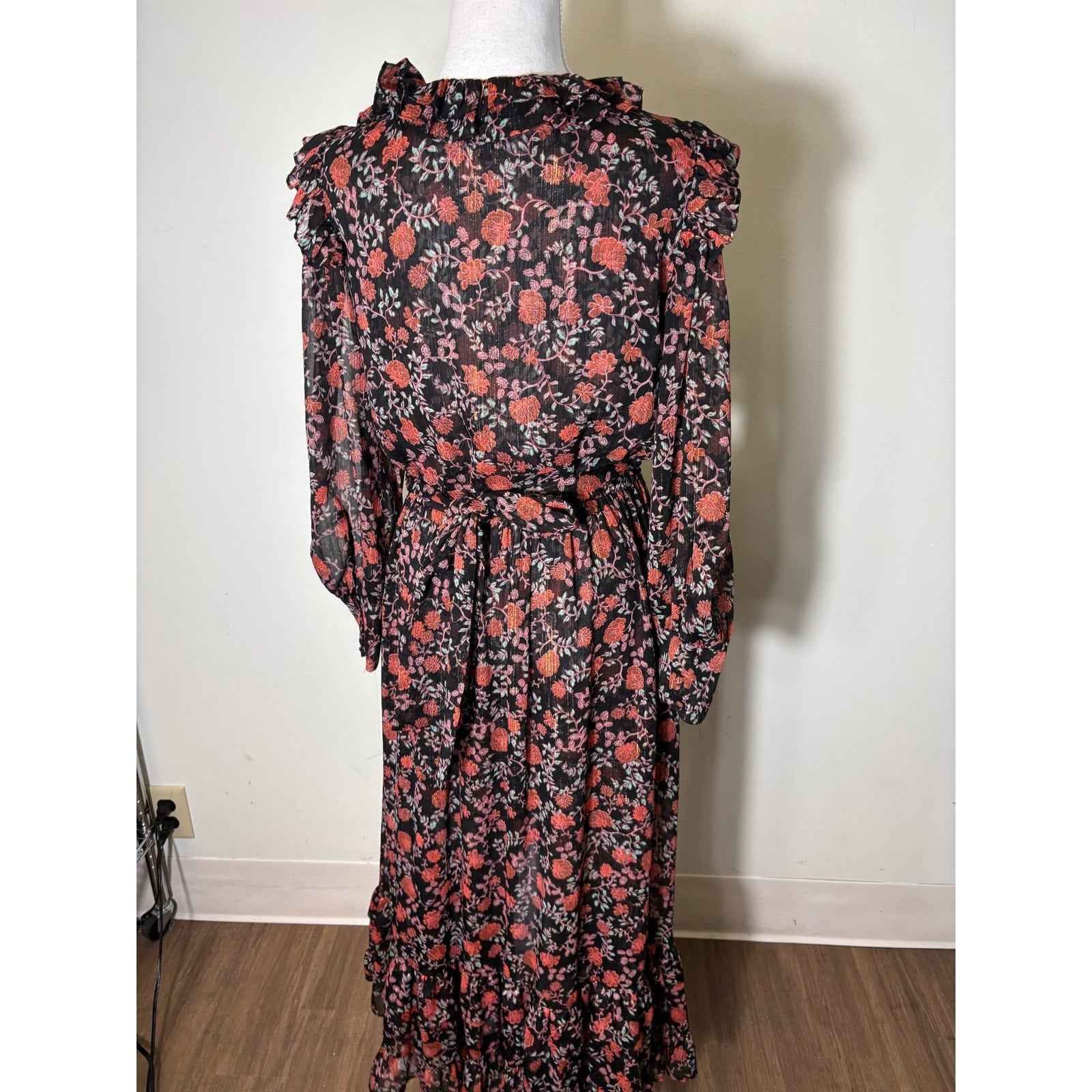 Misa Black & Orange Floral W/ Gold Thread Maxi Dress Sz M