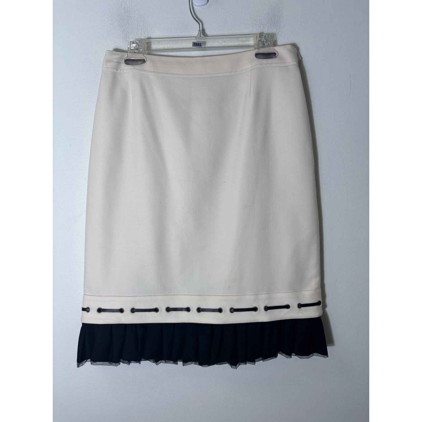 ECCOCI Cream Wool Blend Skirt with Black Removeable Pleated Hem Sz 12