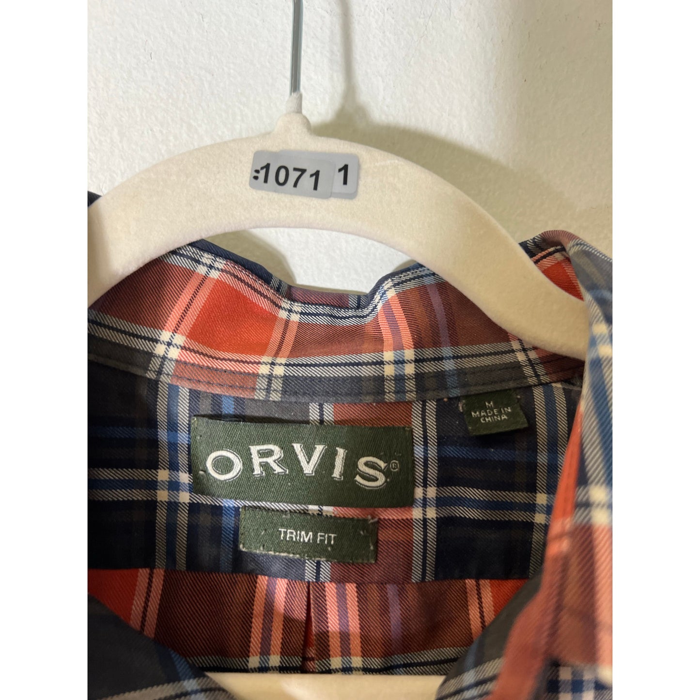 Orvis Men's Orange and Blue Plaid Long Sleeve Shirt Sz M