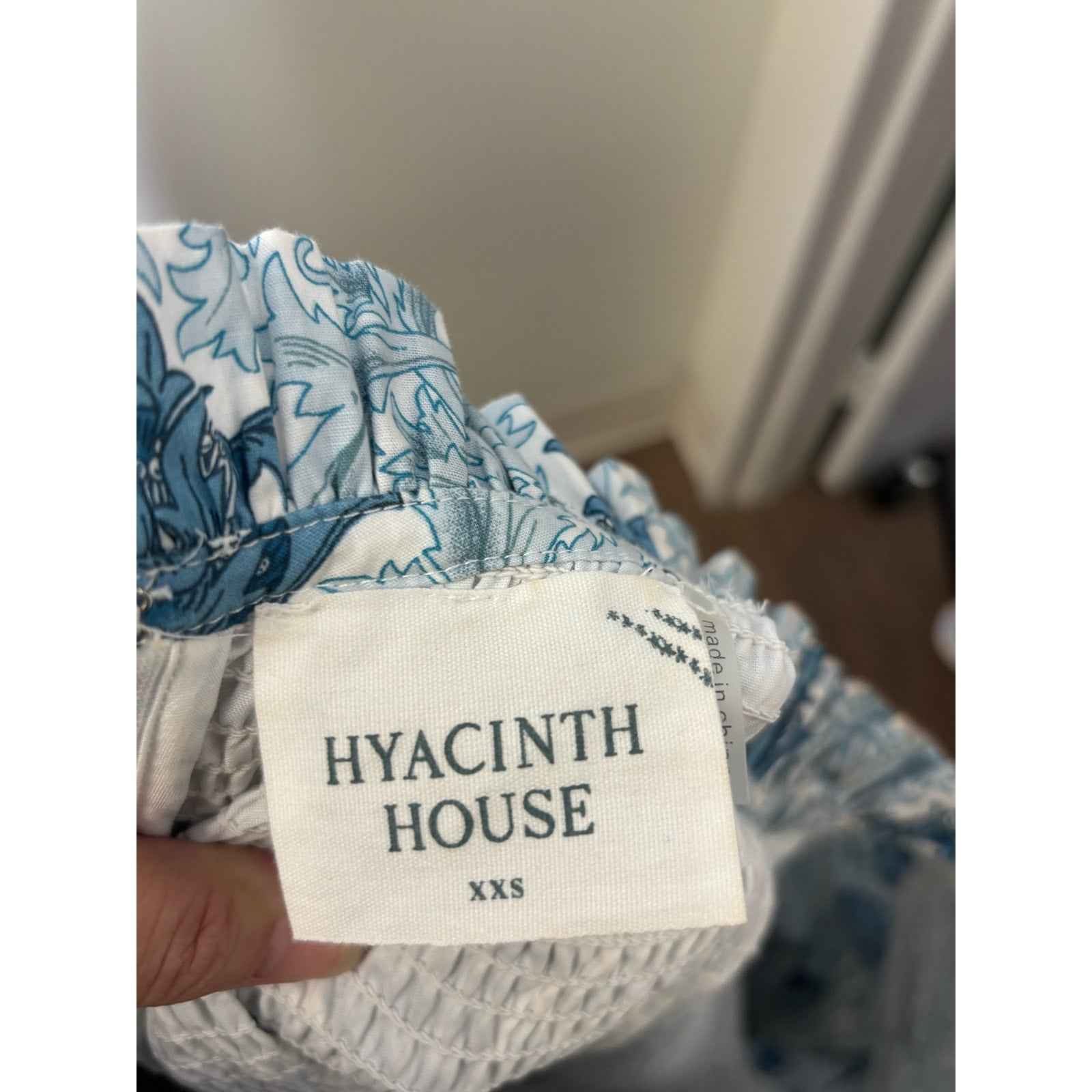 Hyacinth House Light Blue White Print 3/4 Sleeve High Collar Smocked Dress S XXS