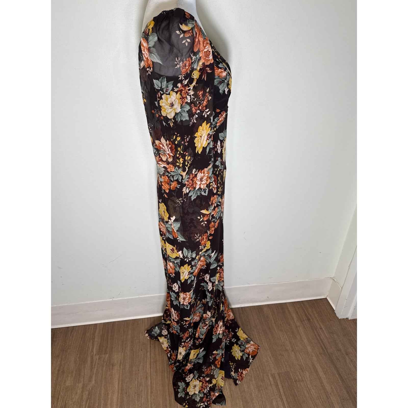 Veronica Beard Brown Floral Long Sleeve 100% Silk Maxi Dress Sz 4