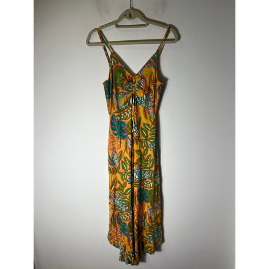 Japna Yellow and Teal Palm Spaghetti Strap Maxi Dress Sz S