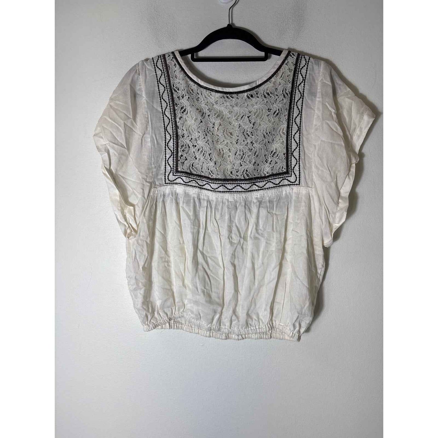 Vintage Havana Off White Brown Embroidered Short Sleeve Sz M